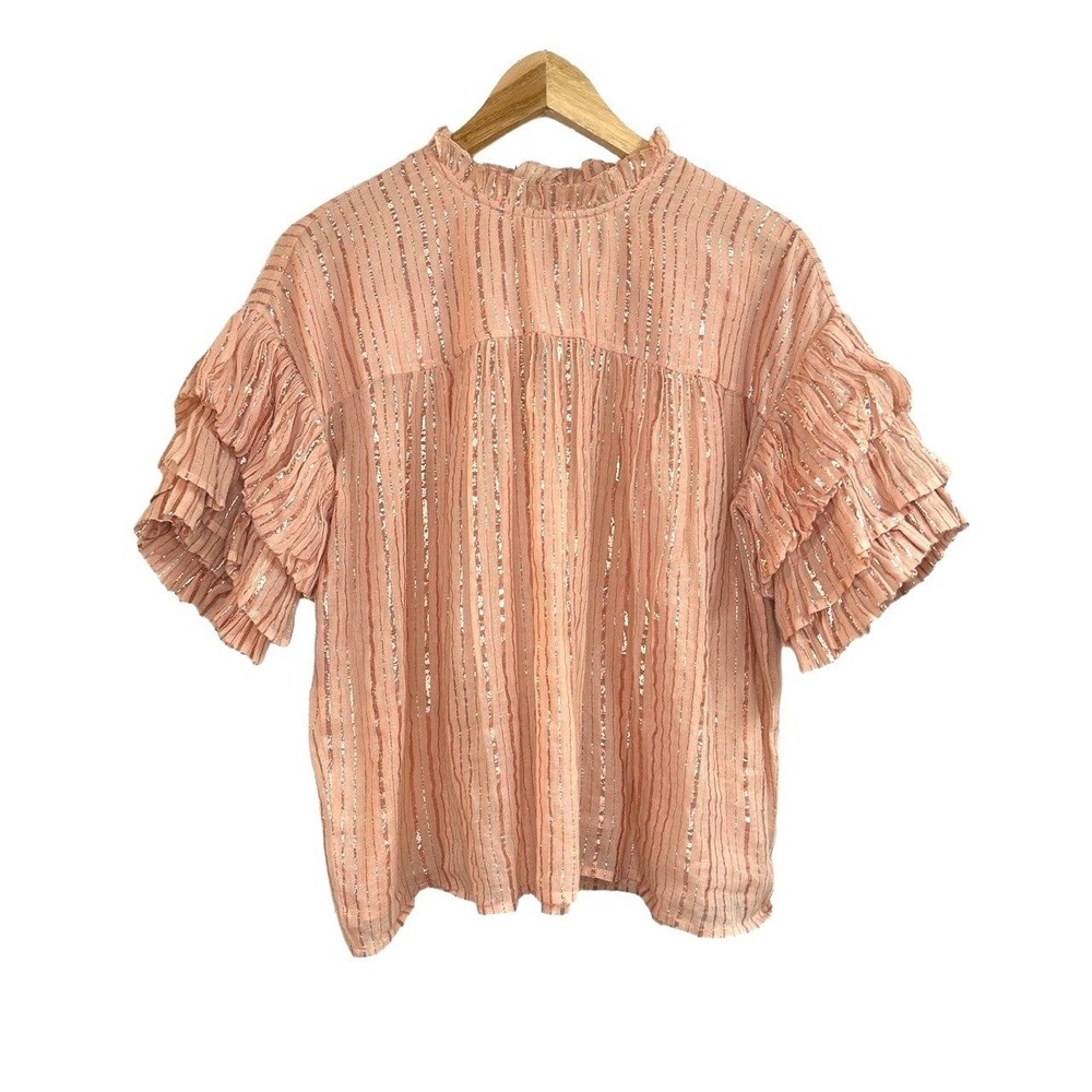 Ulla Johnson Deniz Pink Metallic Stripe Ruffle Sleeve Cotton Blouse Top US 4 / S - Picture 2 of 9